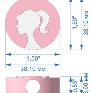 May include: Pink round sticker with a white silhouette of a woman with a ponytail. The sticker measures 1.50 inches in diameter or 38.10 mm.