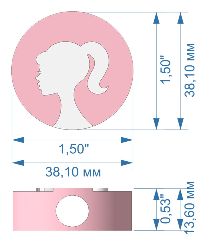 May include: Pink round sticker with a white silhouette of a woman with a ponytail. The sticker measures 1.50 inches in diameter or 38.10 mm.