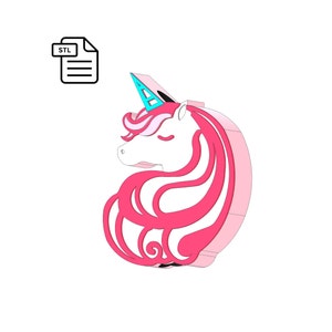 May include: STL file for 3D printing a pink and white unicorn head with a blue horn. The unicorn has its eyes closed and its mane is flowing.