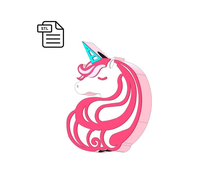 May include: STL file for 3D printing a pink and white unicorn head with a blue horn. The unicorn has its eyes closed and its mane is flowing.