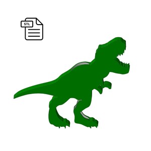 Puede incluir: Un archivo STL imprimible en 3D para un modelo de dinosaurio verde. El dinosaurio está de pie con la boca abierta.