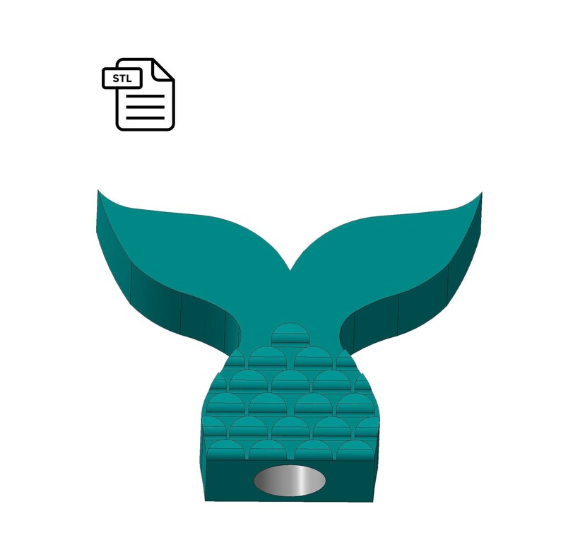 May include: Teal mermaid tail-shaped doorstop with a textured surface and a hole in the bottom. STL file.