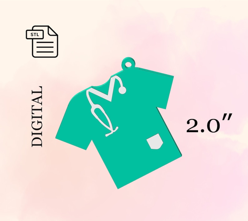 May include: A teal blue 3D printed scrub top with a white stethoscope and pocket. The scrub top is 2.0 inches tall. STL file.