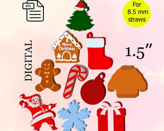 Könnte beinhalten: Ein Set mit 10 digitalen Schnittdateien zum Thema Weihnachten für 8,5 mm Strohhalme. Die Designs beinhalten ein Lebkuchenhaus, einen Zuckerstock, eine Schneeflocke, einen Weihnachtsmann, einen Weihnachtsbaum, einen Strumpf, einen Schneemann, eine Geschenkbox, einen Weihnachtsbaumschmuck und einen Pullover. Die Designs sind 1,5 Zoll groß.