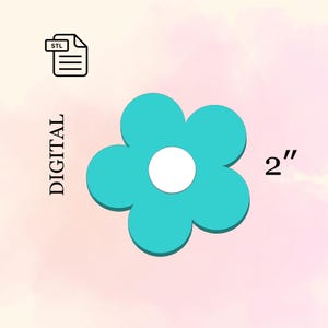 Pode incluir: Um design digital de flor turquesa com um centro branco, medindo 5,08 cm. A palavra "DIGITAL" é impressa verticalmente no lado esquerdo da imagem, e um ícone de arquivo STL está no canto superior esquerdo. O fundo é uma lavagem suave em aquarela rosa e branca.