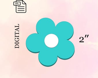 May include: A digital teal flower design with a white center, measuring 2 inches. The word "DIGITAL" is printed vertically on the left side of the image, and an STL file icon is in the upper left corner. The background is a soft pink and white watercolor wash.