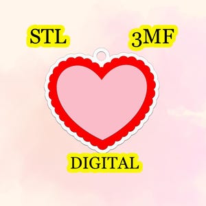 May include: A pink heart-shaped design with a red scalloped border and a small hole at the top. The word "STL" is in a yellow rectangle at the top left, "3MF" at the top right, and "DIGITAL" at the bottom.