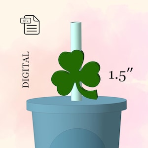 May include: A digital download STL file for a 1.5 inch tall green shamrock straw topper. The topper is designed to fit on a standard drinking straw.