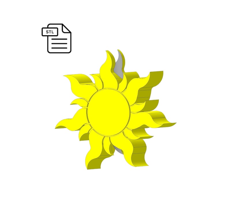 May include: A 3D printable STL file for a yellow sun with a stylized sunburst design. The sun has a circular center and eight rays that extend outward.