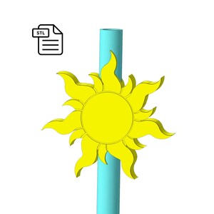 May include: A 3D printable STL file for a yellow sun with a blue straw. The sun has a round center and 12 points.