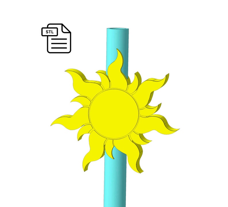 May include: A 3D printable STL file for a yellow sun with a blue straw. The sun has a round center and 12 points.
