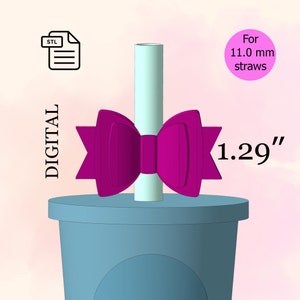 Op de afbeelding: Een digitaal downloadbare STL-bestand voor een 3D-geprinte roze strik strohalmtopper. De strik is 1,29 inch breed en ontworpen voor 11,0 mm rietjes.