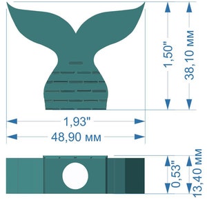 May include: Teal mermaid tail cutout with a 1.93 inch by 48.90 mm opening. The tail is 1.50 inches tall and 38.10 mm wide. The cutout is part of a teal colored wooden box with a 0.53 inch by 13.40 mm opening.