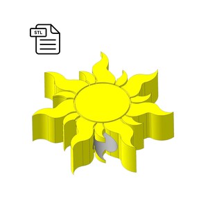May include: A 3D printed model of a yellow sun with a stylized flame design. The model is in STL format.