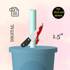 May include: A digital download STL file for a 1.5 inch tall 3D printed cup lid with a knife sticking through it. The knife has a red handle and a black blade. The lid is designed for 10.0 mm straws. DIGITAL
