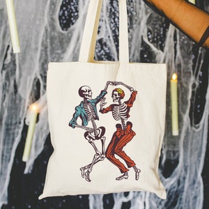 Dancing Skeleton Tote Bag Cotton Canvas Retro Halloween Trick or Treat Vintage Aesthetic