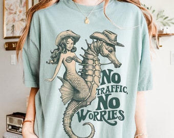 Coastal cowgirl-T-shirt, zeemeermin op zeepaardje, retro T-shirt met print