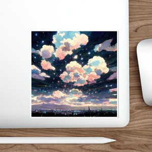 May include: A digital painting of a night sky with fluffy pink and blue clouds and a cityscape in the distance. The sky is filled with twinkling stars.