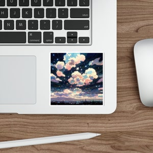 May include: A digital illustration of a night sky with pink and white clouds and a cityscape in the distance. The sky is filled with stars.