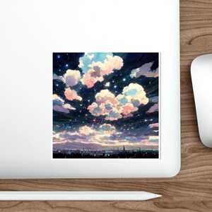 May include: A digital painting of a night sky with pink and white clouds and a city skyline in the distance. The sky is filled with stars.