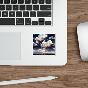 May include: A digital illustration of a night sky with fluffy pink and blue clouds and a city skyline in the distance. The sky is filled with twinkling stars.