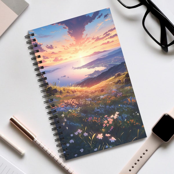 Anime Blooming Bay Sonnenuntergang Landschaft A5 Spiral Notizbuch mit leeren, gepunkteten, linierten oder Aufgaben Planer Seiten, kleine Schule Wire Bound Journal