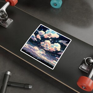 May include: A sticker featuring a digital painting of a night sky with pink and blue clouds and a cityscape in the distance.