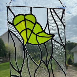 Stained Glass Green Leaf Suncatcher Clear Panel Window Wall - Anniversary Wedding Housewarming Gardener Horticulture Gift - Textured Leaves