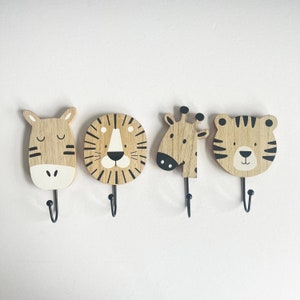 Wooden Animal Hooks - Set of 4 Animal wall hooks - Safari Themed Room - Tiger / Lion / Zebra / Giraffe - Children's Bedroom Decor