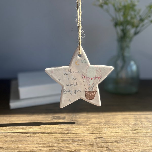 Pink Ceramic Star Hanging - Welcome To The World Baby Girl - Congratulations Gift For Baby - Baby Shower Gifts - Ceramic Wall Hanging