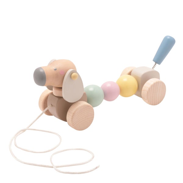 Wooden Pull Along Dog On Wheels - Pastel Coloured Wooden Dog Toy - Real Wood Childrens Toys - Toys For Kids - Wooden Dog