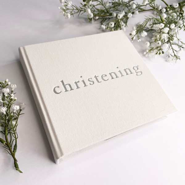 Christening Photo Album - Christening Gifts - Small 6x4" Photo Albums - White Linen Photo Album With Silver Christening - Baby Gifts