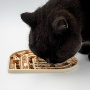 May include: A black cat eating from a beige heart-shaped slow feeder bowl with the text "THE CATTERY" on the bottom. The bowl is filled with dry cat food.