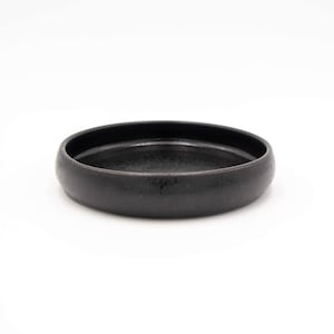 Der Futternapf besteht aus Keramik und hat die ideale Größe. Der Rand ist sehr niedrig um die Schnurrhaare der Katzen nicht zu stören. Die Farbe ist ein schönes Schwarz mit schimmernden Akzenten.