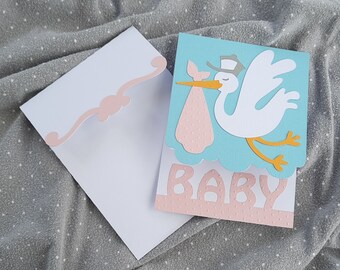 Stork Card: new baby, baby shower card, baby shower invite. Choose blue, pink, or yellow!