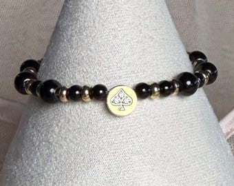 Stainless Steel Spade Charm Bracelet | Black & Gold Steel Beads | PVD Plated, Tarnish-Free | Unisex Custom Length