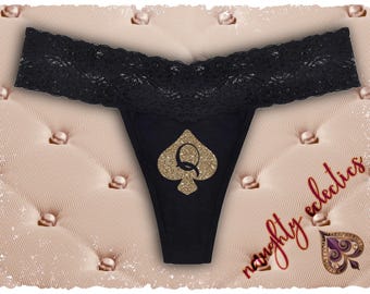 Queen of Spades, QoS Black Lace Trimmed Cotton Thong Sizes XS - 2XL