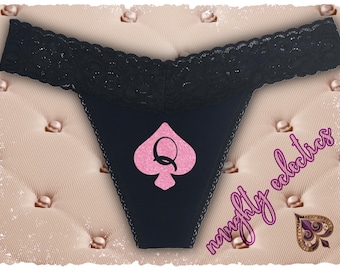Queen of Spades, QoS Black Lace Trimmed Cotton Thong Sizes XS - 4XL