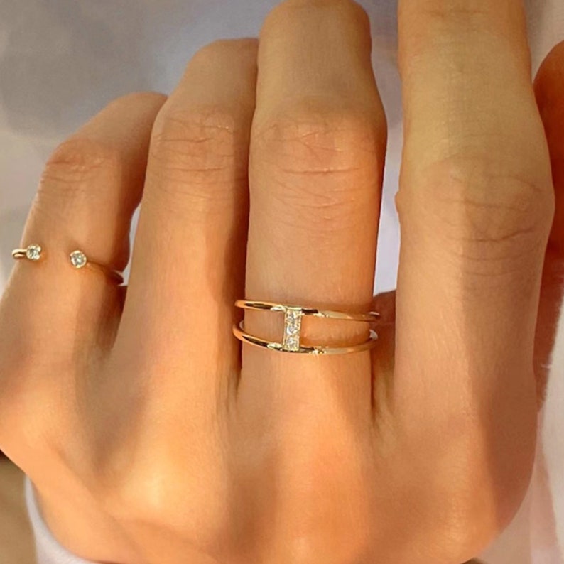 14K Solid Gold Diamond Double Band Ring, Bar Ring, Dual Ring