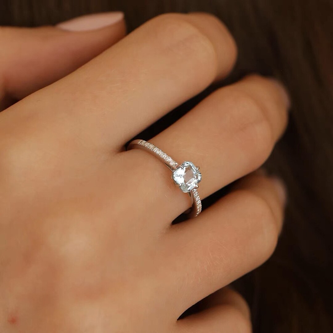 14K Solid Gold Aquamarine Diamond Ring, Aquamarine Engagement Ring
