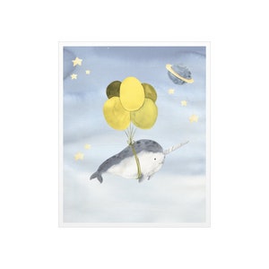 Flying Whale with Balloons Poster | Narwhal