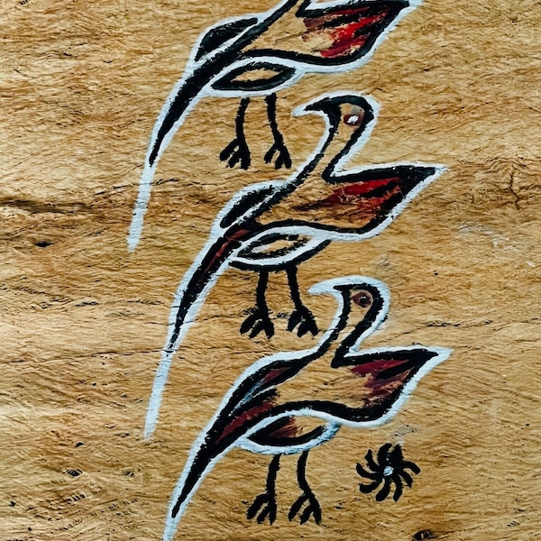 Indonesian Tapa Cloth Original Tribal Spiritual Artwork featuring birds and the ribs of coconut leaves.  Signed by the artist.