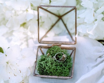 Glass Geometric Ring Box, Wedding Engagement, Moss & Pebble Fill