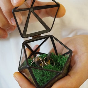 May include: A geometric glass and metal ring box, open to reveal two rings on a bed of green moss. The box is held in open hands, showcasing the rings and the natural elements inside. The box is a unique way to display rings.