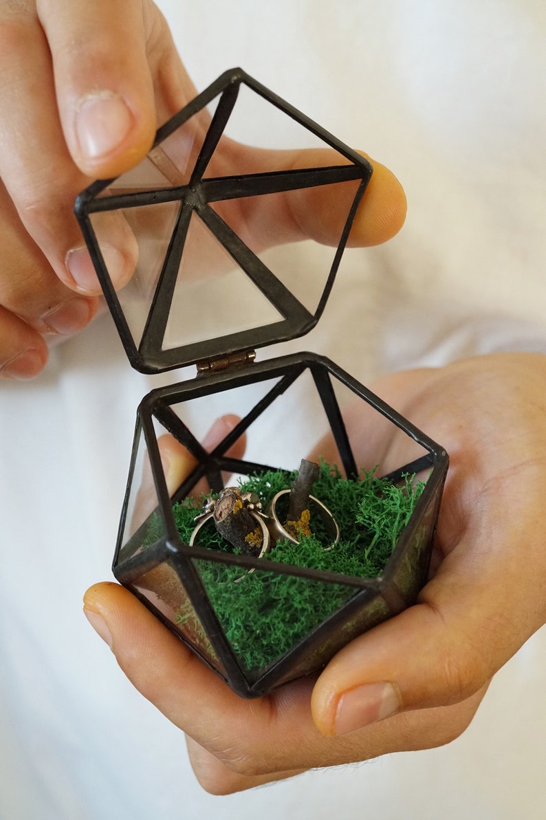 May include: A geometric glass and metal ring box, open to reveal two rings on a bed of green moss. The box is held in open hands, showcasing the rings and the natural elements inside. The box is a unique way to display rings.