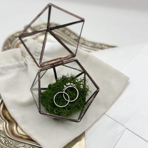 May include: A geometric glass ring box with a copper-colored frame, open to reveal two silver rings nestled in green moss. The box sits on a silver tray with a white envelope and a small cloth bag.