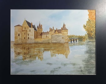 Watercolor painting | Watercolor illustration | Painting table | Painting of the soul of the Château de Sully sur Loire on 40X50 cm