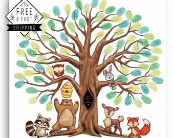 Framed Woodland Fingerprint Tree Canvas and Nursery Wall Décor | Guestbook Alternative & Baby Keepsake for Baby Showers, Parties, Baptisms