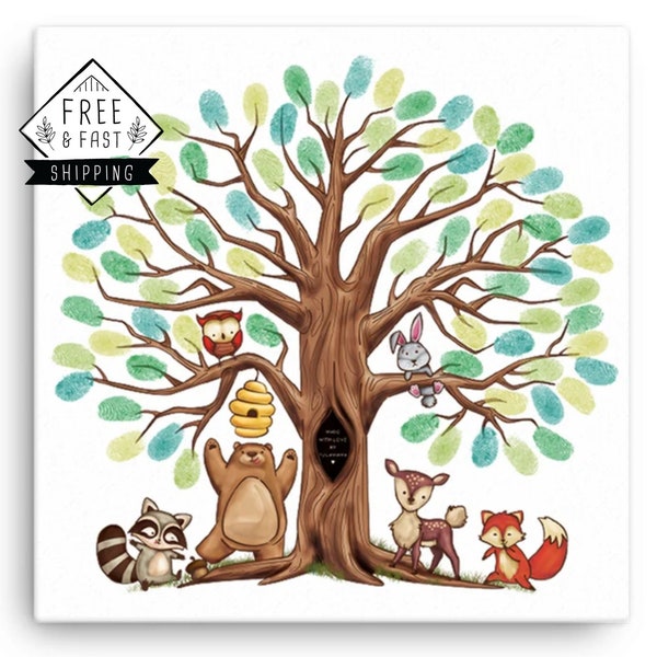 Framed Woodland Fingerprint Tree Canvas and Nursery Wall Décor | Guestbook Alternative & Baby Keepsake for Baby Showers, Parties, Baptisms