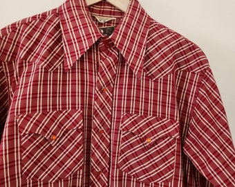 Vintage JCPenney Western Apparel red and white plaid shirt with orange pearl snaps Men's size 16/34 long tail